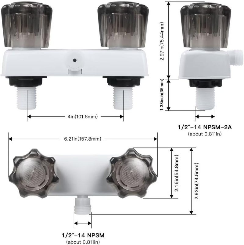 DSRTLP RV Shower Faucet, Camper Shower Faucet Replacement, with 2 knobs 4 Inches Outdoor Faucet use for Mobile outside Van Travel Trailer Motorhome Bathroom and Boat, White - Image 3